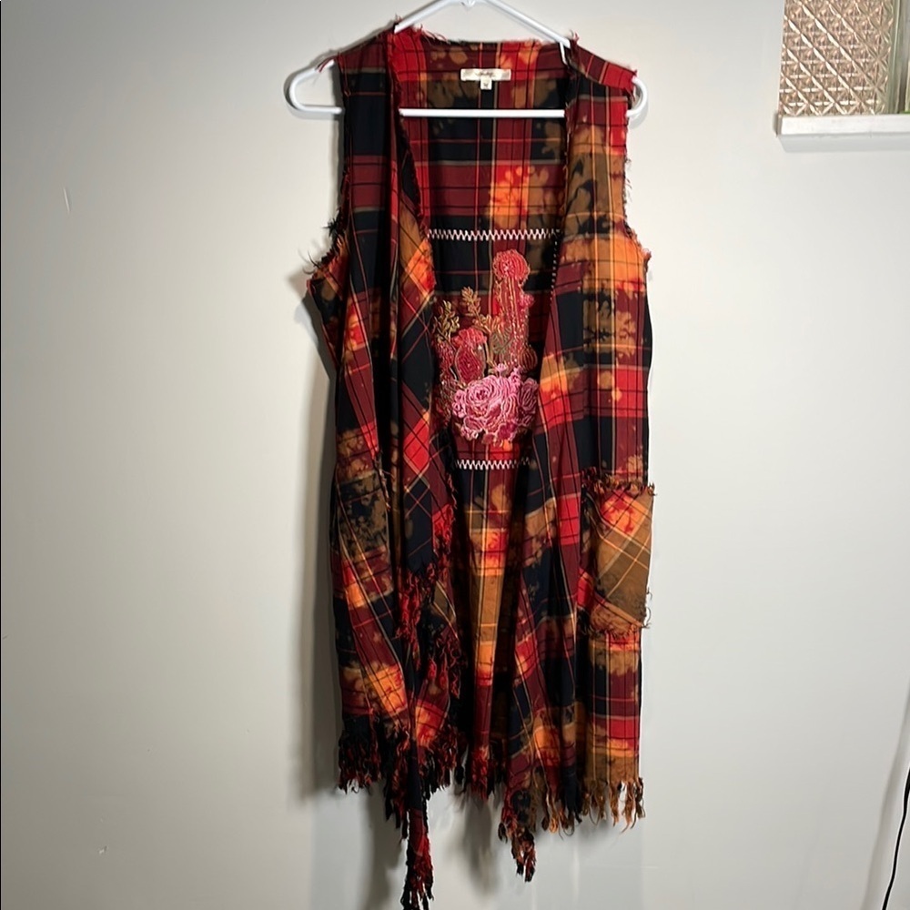 Andrée by Unit Plaid Embroidered Fringe Vest Boho Western Duster M - Picture 2 of 6